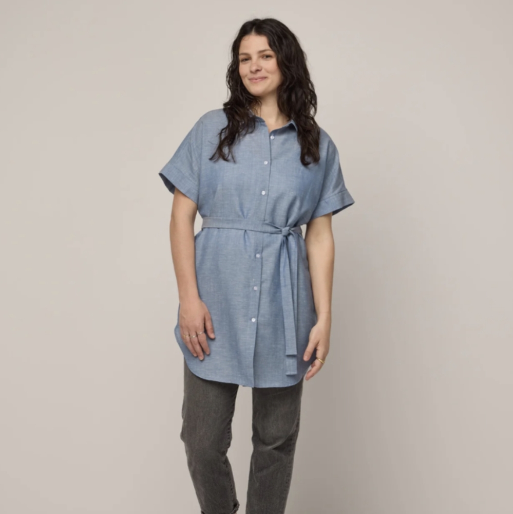 Wool& Laurel Belted Tunic, Vintage Blue Chambray, Size M